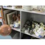 A mixed lot to include botanical prints, a warming pan, a Widdicombe Fair jug and other items