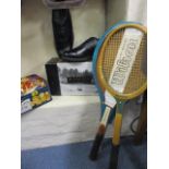 Vintage tennis rackets, a large quantity of golf tees, a pair of new gents Footjoy golf shoes size 9