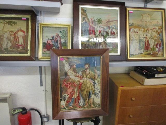 Five late 19th century/early 20th century wool cross-stitch pictures of religious scenes