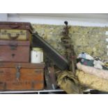 Two vintage trunks, vintage suitcases, a leather briefcase, two earthenware pot, an army camp bed, a