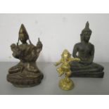 Two Asian cast bronze/brass Deities circa 1900 and a gilt brass figure of Gnash, the tallest 6 1/