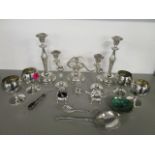 A group of silver and silver plate to include a pair of silver candlesticks, Birmingham 1970, 4 2/8"