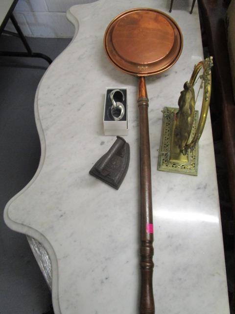 A Victorian brass gong, a copper warming pan, a pair of boxed stainless steel Concorde napkin