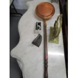 A Victorian brass gong, a copper warming pan, a pair of boxed stainless steel Concorde napkin