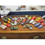 Retro diecast racing cars and military vehicles, together with a Hancock toy motorcycle