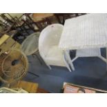 A white painted Lloyd Loom, two tier table and matching chair, along with a metal framed, cane and