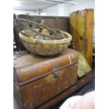 A mixed lot to include a tin trunk, a wicker bowl, an ammunition box, a coal scuttle, a brass