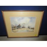 Geoff Bartlett - a country lane with farmhouse and out buildings, watercolour, signed lower right