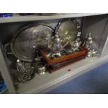 A selection of silver plate to include two trays, three wooden cases, containing a collection of