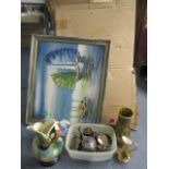 A mixed lot to include a laminated child's high chair, ceramics, silver plate and an oil painting of