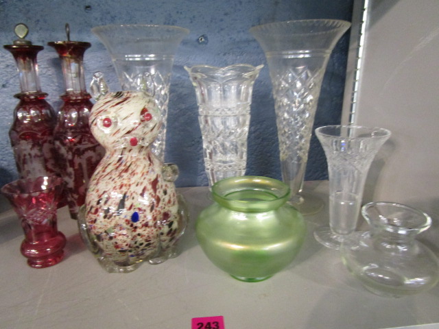 Mixed table glassware to include a pair of Bohemian engraved ruby flashed decanters