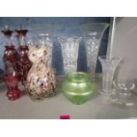 Mixed table glassware to include a pair of Bohemian engraved ruby flashed decanters