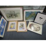 A group of framed and glazed watercolours and prints to include two Audrey Knight watercolours circa