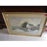 D Sherrin - watercolour depicting a watermill, framed and glazed