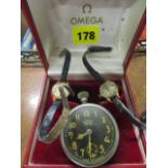 A red leather Omega watch box, a Westclox Pocket Ben, pocket watch with silver plated case, black