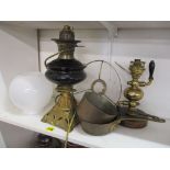 Metalware to include two Victorian oil lamps and a pair of glass inkwells