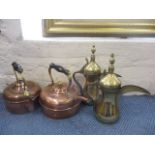 Two 20th century Middle Eastern brass pots, together with two Victorian copper kettles