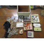 Mixed costume jewellery to include a Chinese engraved mother of pearl gaming counter, mounted in