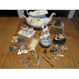 A miscellaneous lot of miniature ornaments, costume jewellery and a Royal Albert 'Haworth' teapot