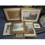 A selection of framed and glazed urban scenes to include windmills and a watercolour by ABWS