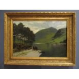 W Wills - 'Buttermere Pines' a view across a lake with hills beyond, oil on canvas signed and