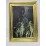 Gordon King - a full length portrait of his wife, flanked by dogs, oil on board signed 17" x 11"