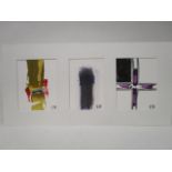 Robin Welch b.1936, three abstract paintings, oil on card, each initialed R W, mounted as one
