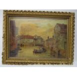 Edwin William Cook - a canal scene with a barge, wooden and brick buildings to the sides, oil,