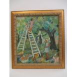 In the manor of Cezanne - an orchard scene with a man and a girl up ladders, picking apples, oil