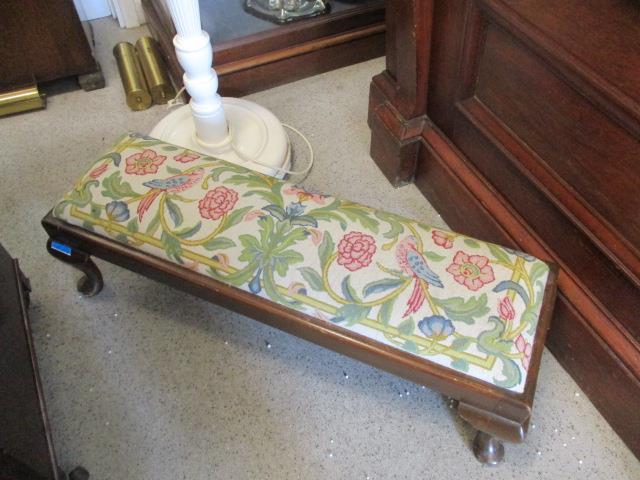 A white painted standard lamp, together with an early 20th century foot stool