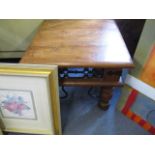 A Middle Eastern hardwood lamp table and three prints