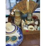 Mixed ceramics together with a pair of cloisonne ashtrays and two vintage fans, three oil lamps