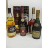 Six bottles to include Glen Moray Whisky and Martell brandy