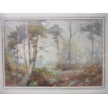 John Ernest Aithen - a woodland scene with a clearing beyond, watercolour, signed lower right