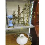 A mixed lot to include a candelabrum, a converted Victorian lamp and other items