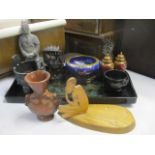 A mixed lot to include cloisonne vases and bowl, lacquered tray and other items