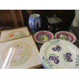 Two Japanese prints, modern dinner plates, a Victorian biscuit barrel, a pair of Adams 'Cries of