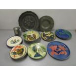 Mixed china and metalware to include various French bowls and plates decorated with fish, a pewter