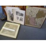 A quantity of unframed prints together with two maps, one being a Robert Morden map of Sussex