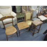 Mixed chairs to include a French beech carved bedroom chair, together with an oak stool and a bed