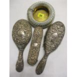 Three Victorian dressing table items, together with a white metal tray