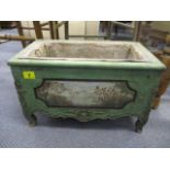 A late 19th/early 20th century green painted planter with painted scenes to each side, 10" h, 16 1/