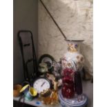 Mixed china, art glass, a wall clock and a folding luggage trolley