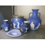 A small collection of Wedgwood Jasperware to include a twin handled vase