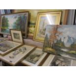 A quantity of late 20th century oils on canvas, mixed prints and a watercolour depicting a village