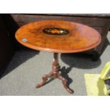 A Victorian walnut oval side table with inlaid detail, 27 1/4"h x 25" w