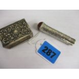 An Edwardian silver match holder and a white metal lipstick holder