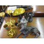 Metalware to include a cast metal model dog, scales, cups and a bell