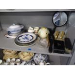 A mixed lot of ceramics to include a Beleek cream jug, plates, brush sets and other items