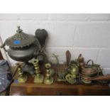 A Victorian brass Samovar with a domed cover and turned handles A/F and other brassware